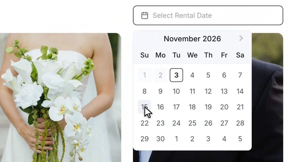 The shop: the cursor opens the rental date field above the arrangements, the calendar appears, and the view zooms in on it with a date highlighted