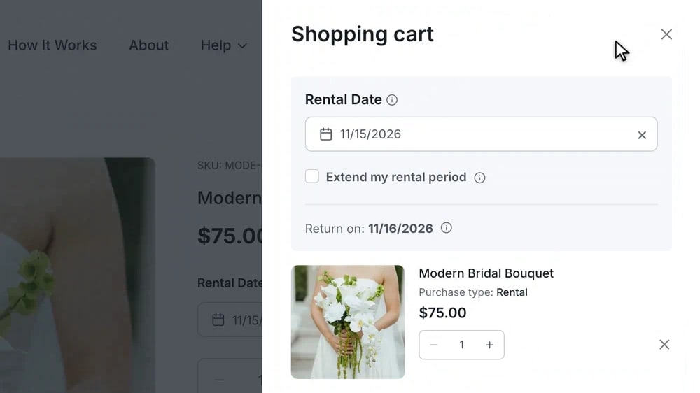 A product page with the rental date already chosen: the cursor presses Add to cart, a confirmation appears, then opens the cart, which lists the arrangement for that date