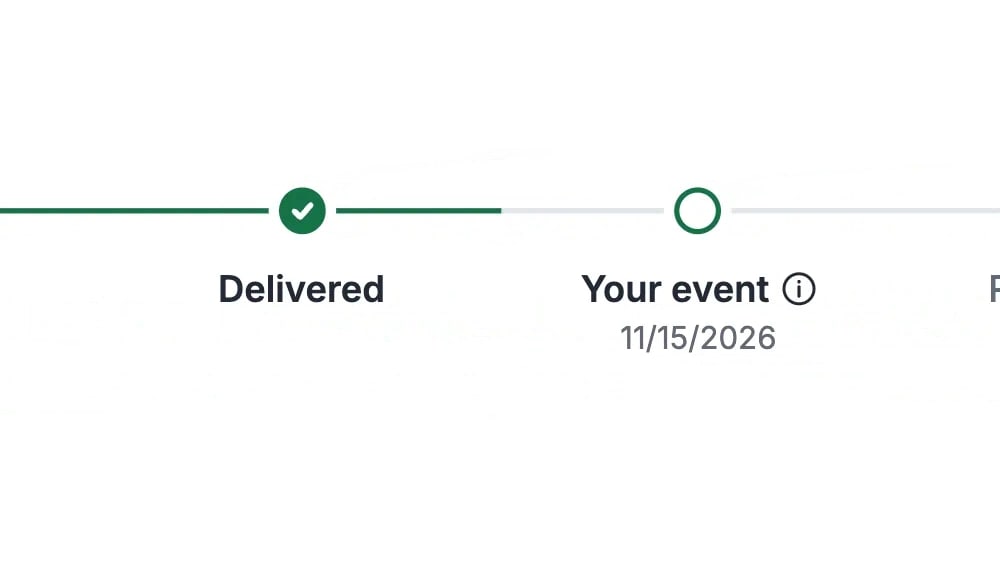 The order journey tracker, close on Placed: the green line travels to Shipped and then to Delivered, each checking off as it arrives, and the view eases back to show Delivered checked with Your event next